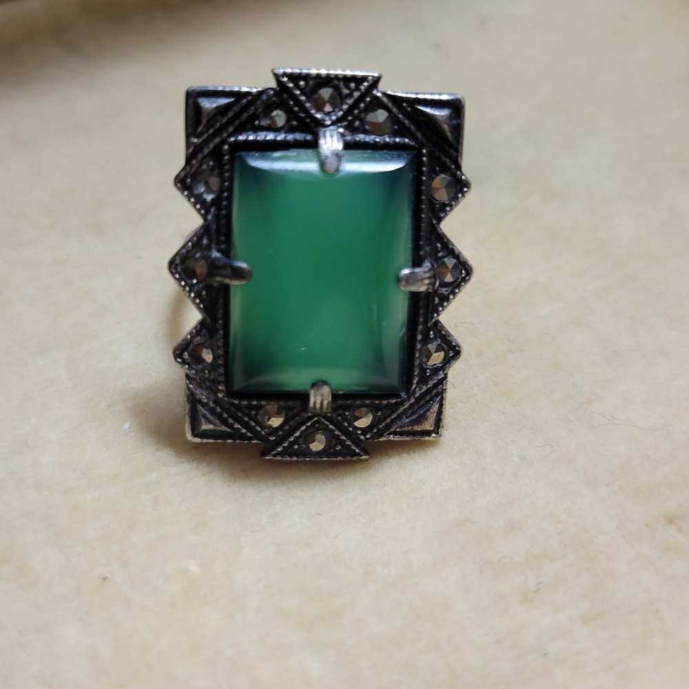 Antique Art Deco Sterling Silver Ring with Green Onyx